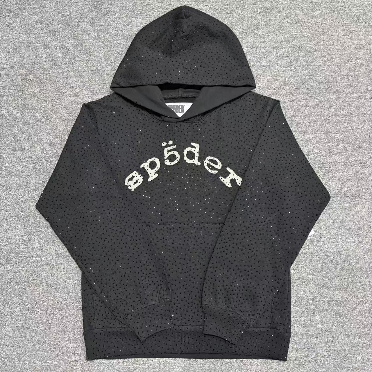 Sp5der VVS Hoodie Red front view with all-over tonal rhinestones and black chest logo