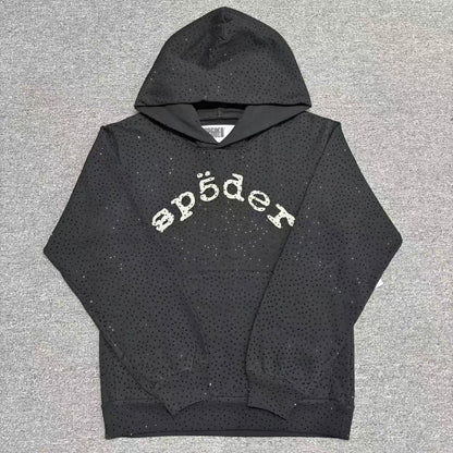 Sp5der VVS Hoodie Red front view with all-over tonal rhinestones and black chest logo