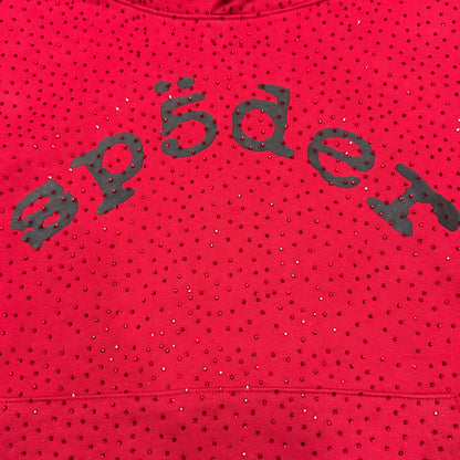 Full all-over tonal rhinestone design on Sp5der VVS Hoodie Red
Close-up of tonal rhinestone spacing and reflective details on Sp5der VVS Hoodie Red
Side angle showing the raised three-dimensional rhinestone texture on Sp5der VVS Hoodie
Close-up of black SP5DER chest lettering on the red VVS rhinestone hoodie