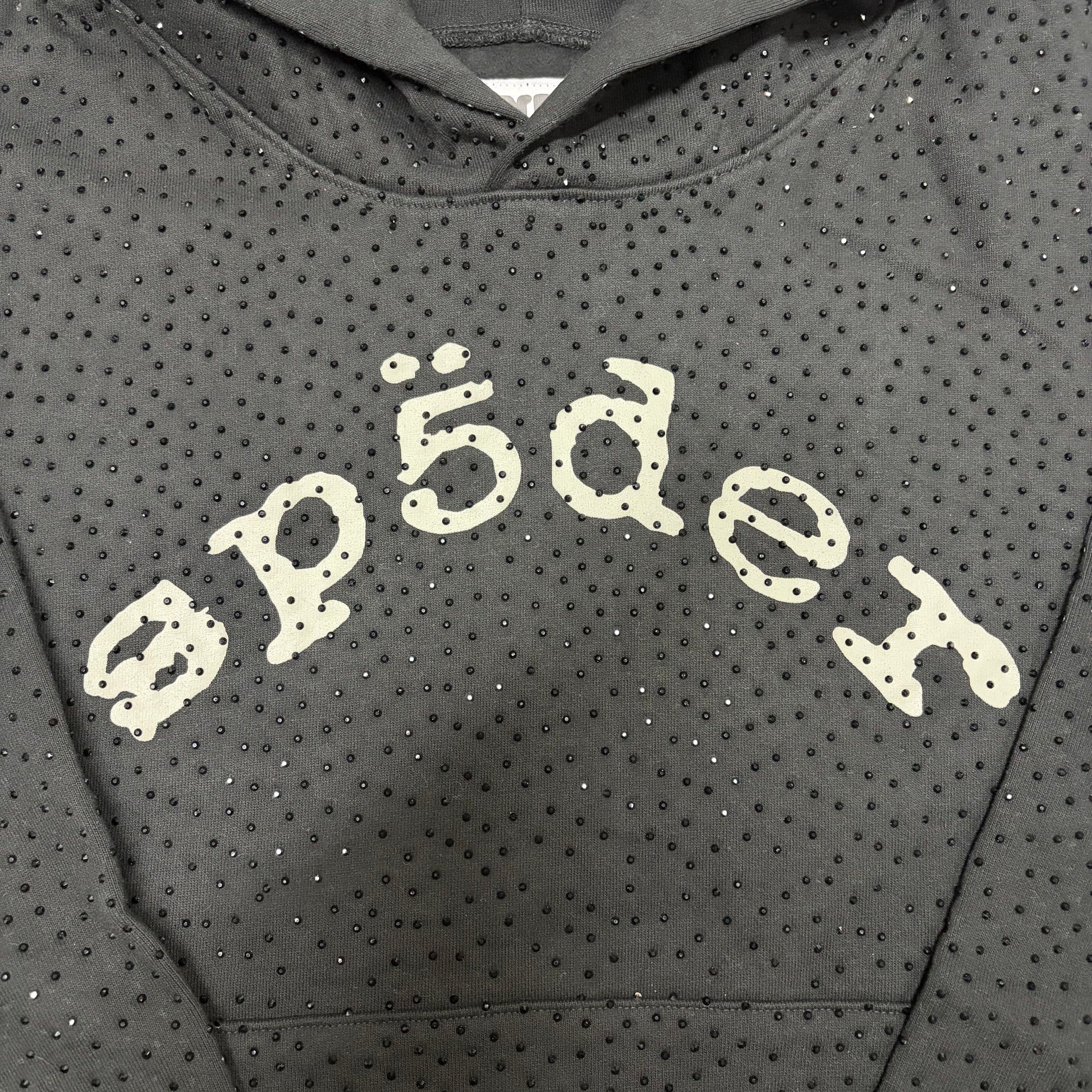 Full all-over tonal rhinestone design on Sp5der VVS Hoodie Black
Close-up of black rhinestone spacing and reflective details on Sp5der VVS Hoodie Black
Side angle showing the raised three-dimensional rhinestone texture on Sp5der VVS Hoodie
Close-up of contrasting SP5DER chest lettering on the black VVS rhinestone hoodie