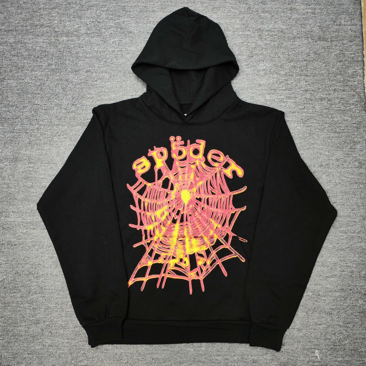 Sp5der OG Web V2 Hoodie Black front view with multicolor logo and pink yellow spider web