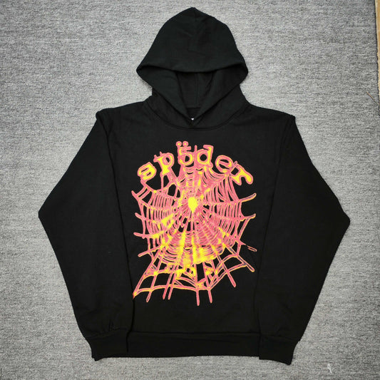 Sp5der OG Web V2 Hoodie Black front view with multicolor logo and pink yellow spider web
