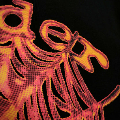 Full front artwork on Sp5der OG Web V2 Hoodie Black with multicolor puff logo and spider web
Close-up of raised multicolor SP5DER puff-print lettering on the black OG Web V2 Hoodie
Close-up of pink orange and yellow OG Web V2 graphic on Sp5der Hoodie Black