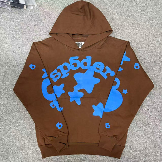 Sp5der Beluga Hoodie Brown front view with raised blue lettering and oversized star graphics
