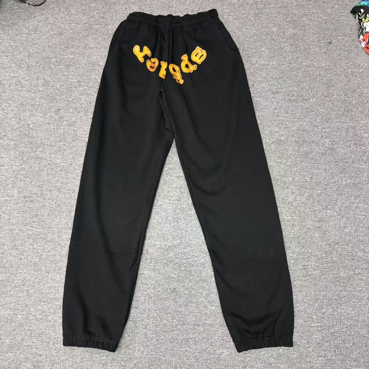 SP5DER Issue 404 black sweatpants front view with raised orange chenille logo