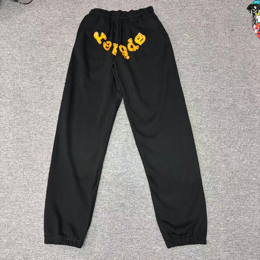 SP5DER Issue 404 black sweatpants front view with raised orange chenille logo