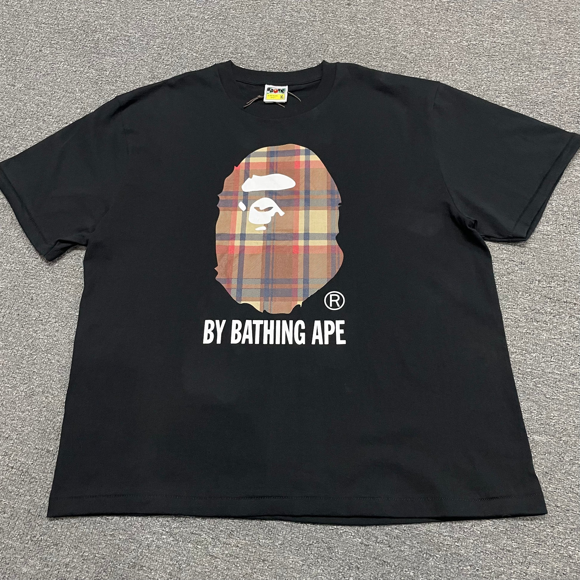 BAPE Black check plaid Ape Head graphic T-shirt front view