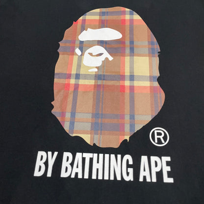 BAPE Brown plaid Ape Head graphic detail on black T-shirt