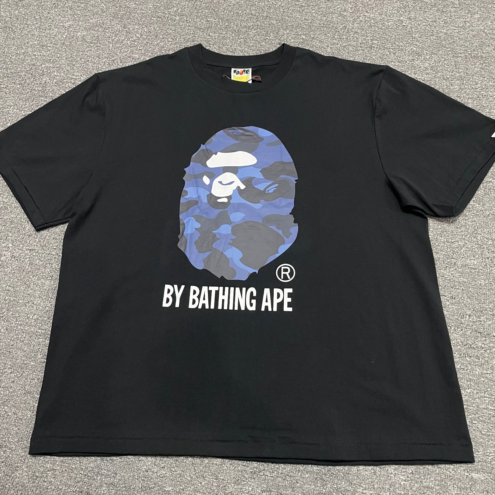 Black BAPE ABC Camo Big Ape Head T-shirt front view with blue camouflage graphic