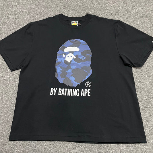 Black BAPE ABC Camo Big Ape Head T-shirt front view with blue camouflage graphic