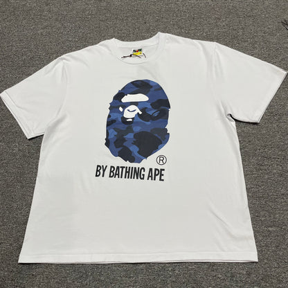 White BAPE ABC Camo Big Ape Head T-shirt front view with blue camouflage graphic
