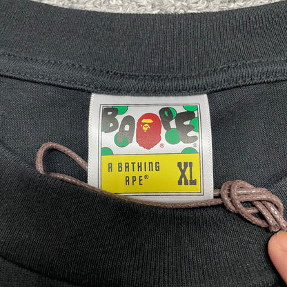 BAPE neck label detail on black ABC Camo Big Ape Head T-shirt