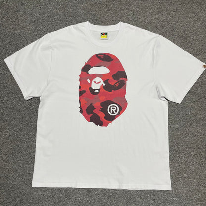 White BAPE Color Camo Big Ape Head T-shirt front view with red camo graphic