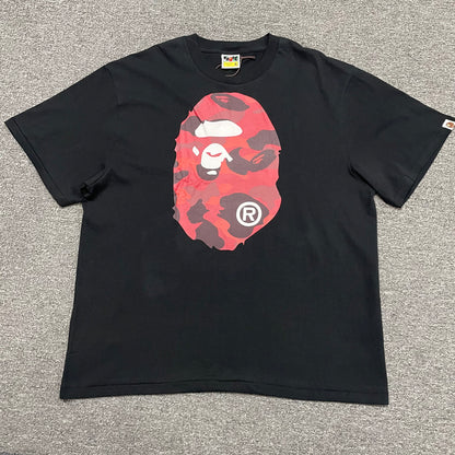 Black BAPE Color Camo Big Ape Head T-shirt front view with red camo graphic