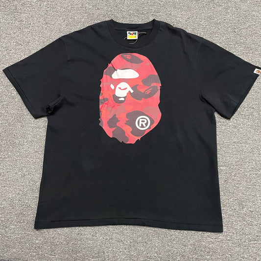 Black BAPE Color Camo Big Ape Head T-shirt front view with red camo graphic
