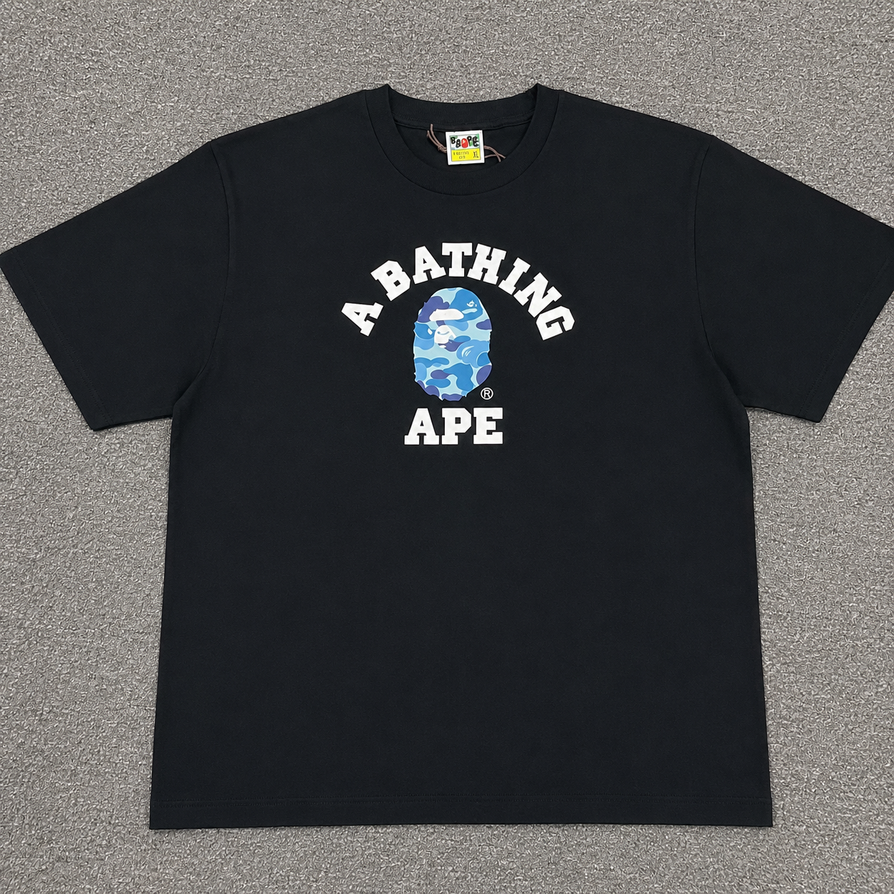 Black BAPE ABC Camo College T-shirt front view with blue camo Ape Head logo