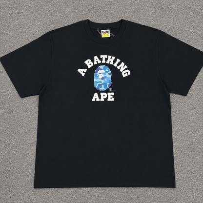 Black BAPE ABC Camo College T-shirt front view with blue camo Ape Head logo