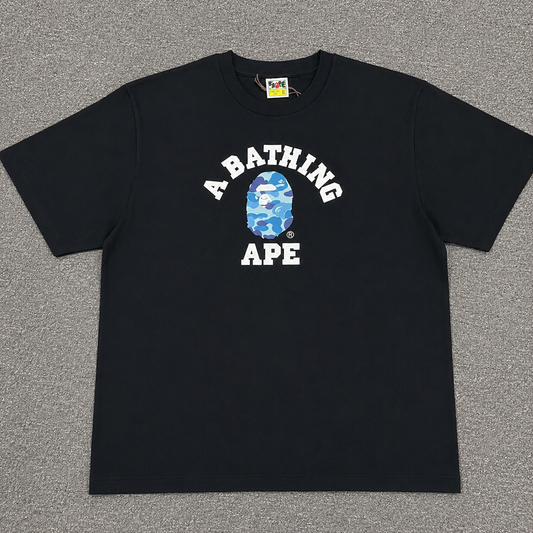 Black BAPE ABC Camo College T-shirt front view with blue camo Ape Head logo