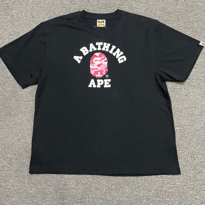 Black BAPE ABC Camo College T-shirt front view with pink camo Ape Head logo