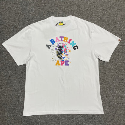 White BAPE STA College relaxed fit T-shirt front view with multicolor Ape Head graphic