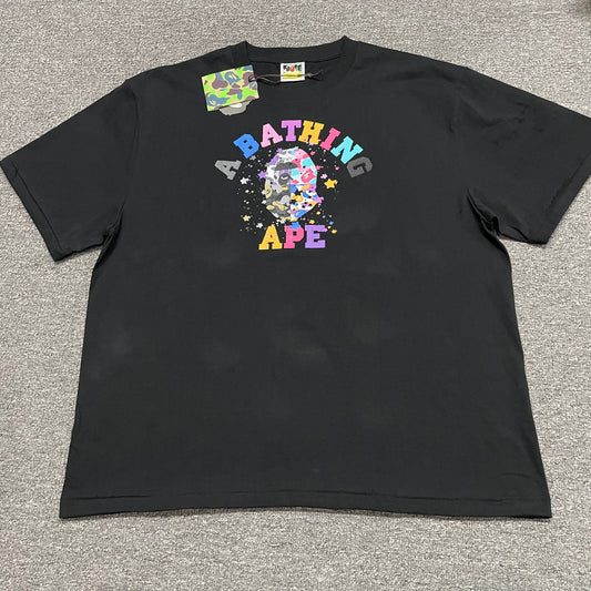 Black BAPE STA College relaxed fit T-shirt front view with multicolor Ape Head graphic