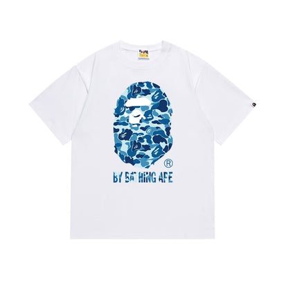 Back view of white BAPE blue camo Big Ape Head T-shirt