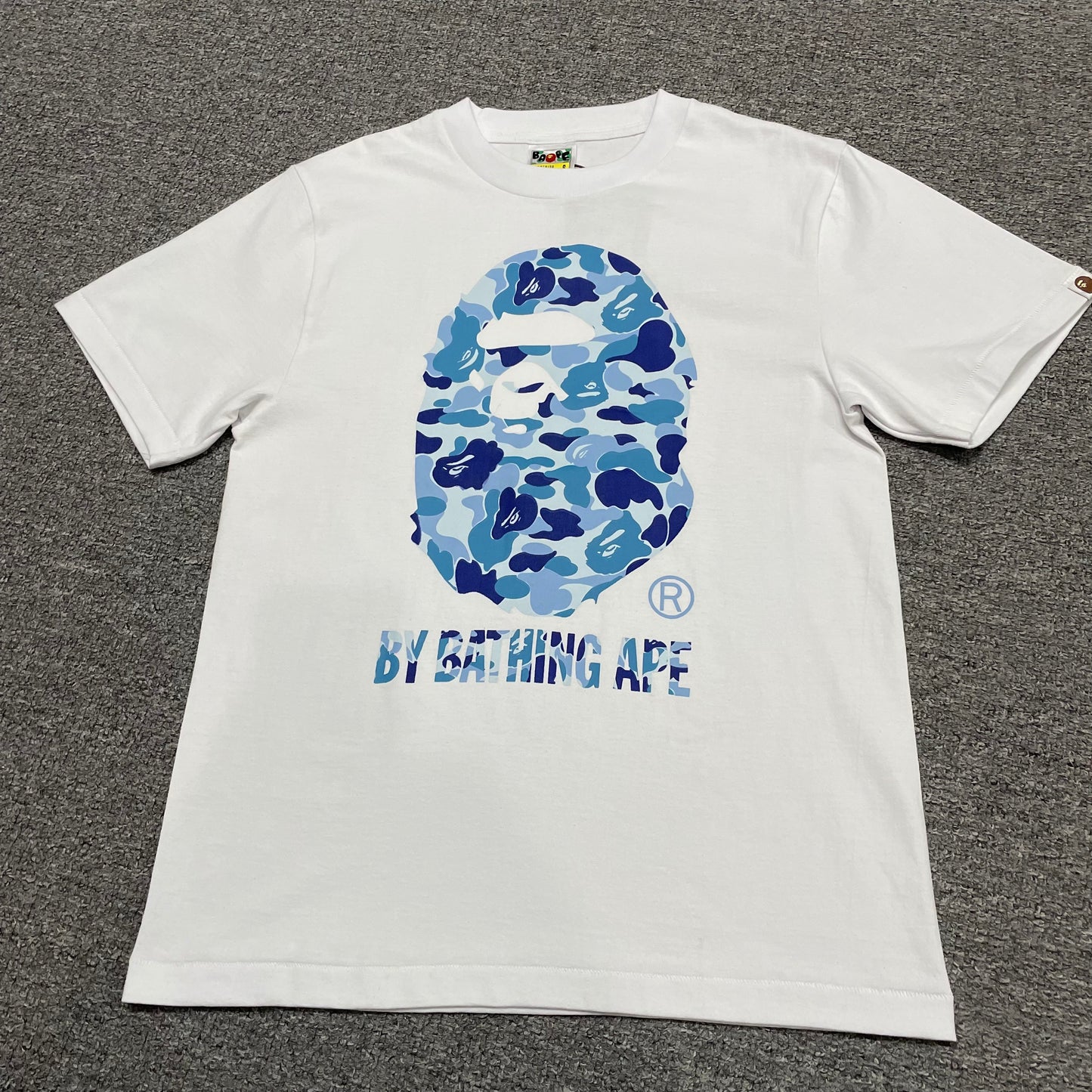 White BAPE blue camo Big Ape Head T-shirt front view