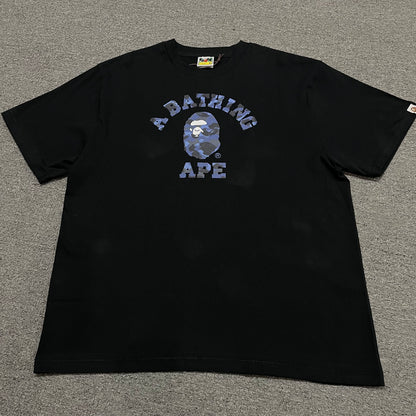 Black BAPE ABC Camo College T-shirt front view with blue camo Ape Head graphic