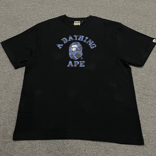 Black BAPE ABC Camo College T-shirt front view with blue camo Ape Head graphic