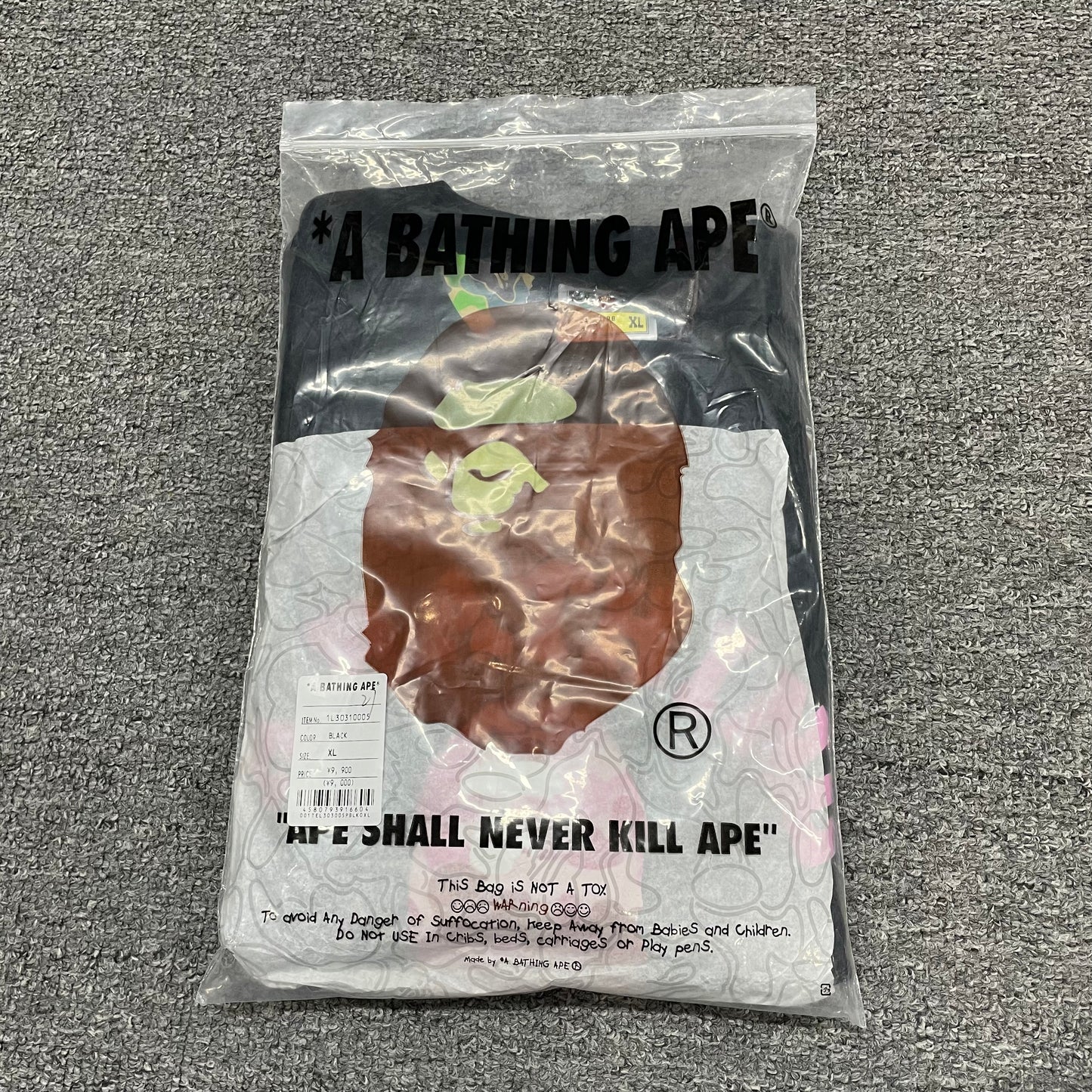 Black and pink BAPE ABC Camo College T-shirt with retail packaging bag