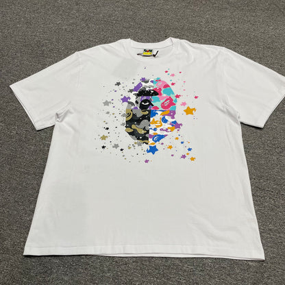 White BAPE US Ape Head STA T-shirt front view with multicolor graphic