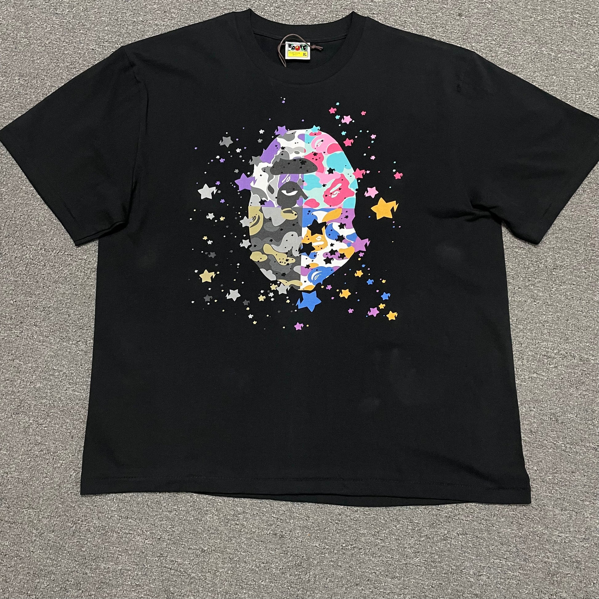 Black BAPE US Ape Head STA T-shirt front view with multicolor graphic