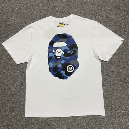 White BAPE ABC Camo Big Ape Head T-shirt front view with blue camo graphic