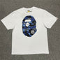 White BAPE ABC Camo Big Ape Head T-shirt front view with blue camo graphic