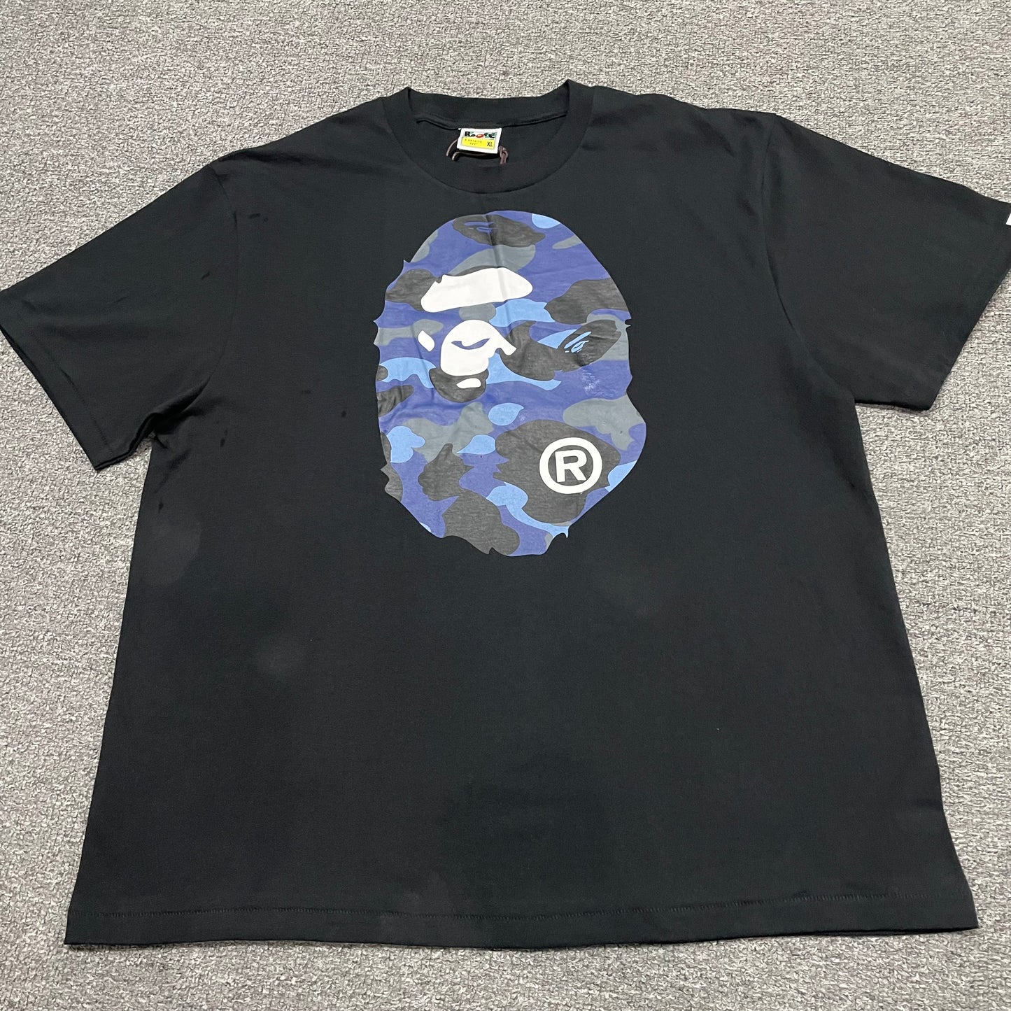 Black BAPE ABC Camo Big Ape Head T-shirt front view with blue camo graphic