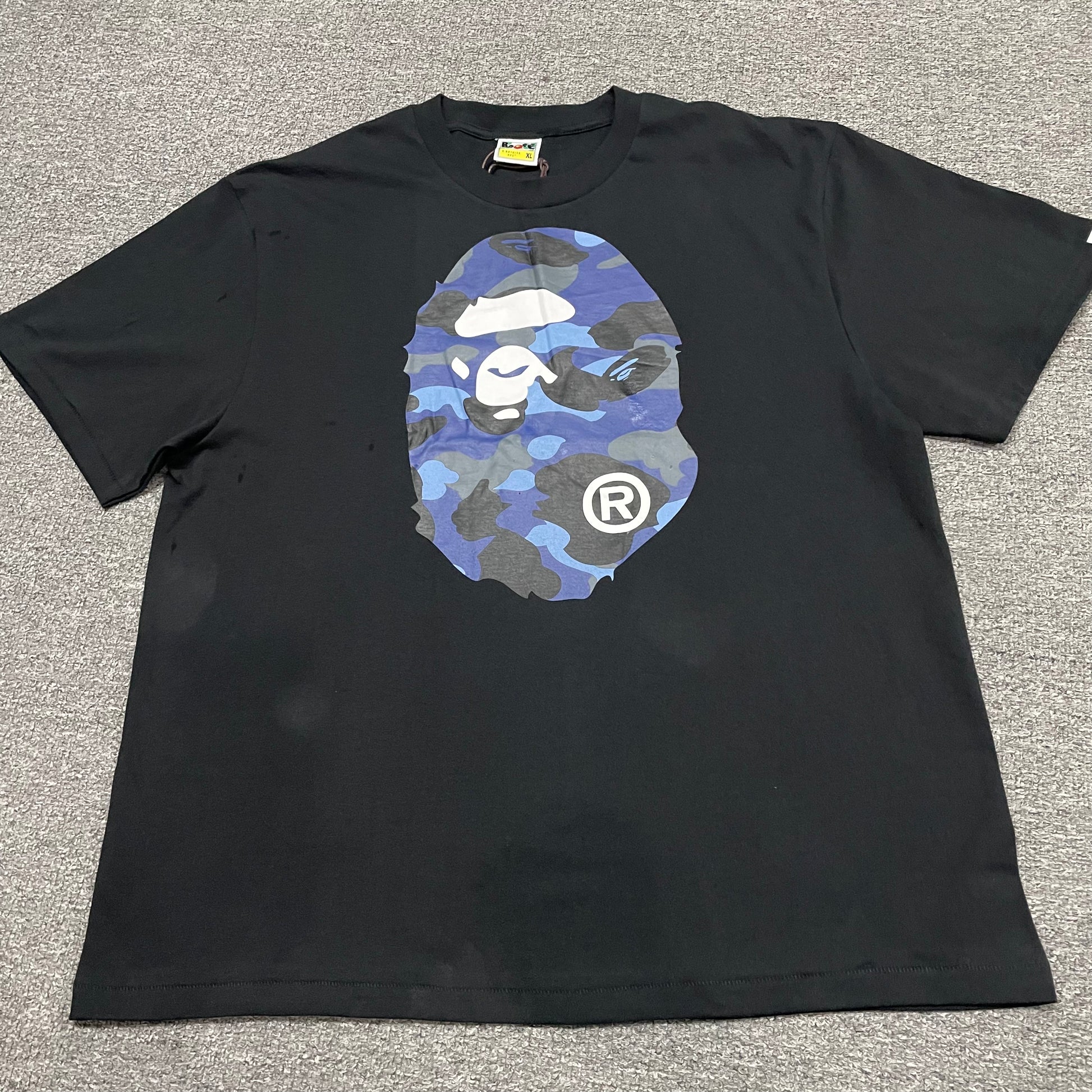 Black BAPE ABC Camo Big Ape Head T-shirt front view with blue camo graphic