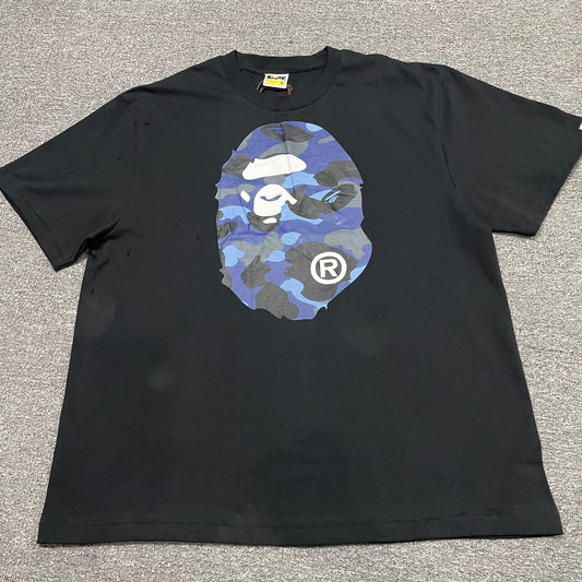 Black BAPE ABC Camo Big Ape Head T-shirt front view with blue camo graphic
