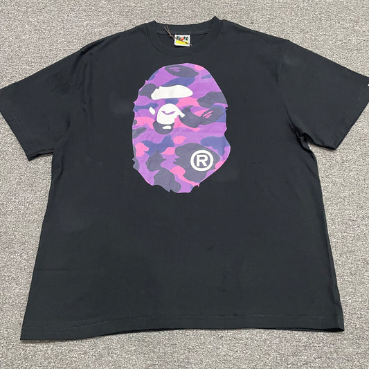 Black BAPE Color Camo Big Ape Head T-shirt front view with purple camo graphic