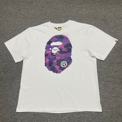 White BAPE Color Camo Big Ape Head T-shirt front view with purple camo graphic