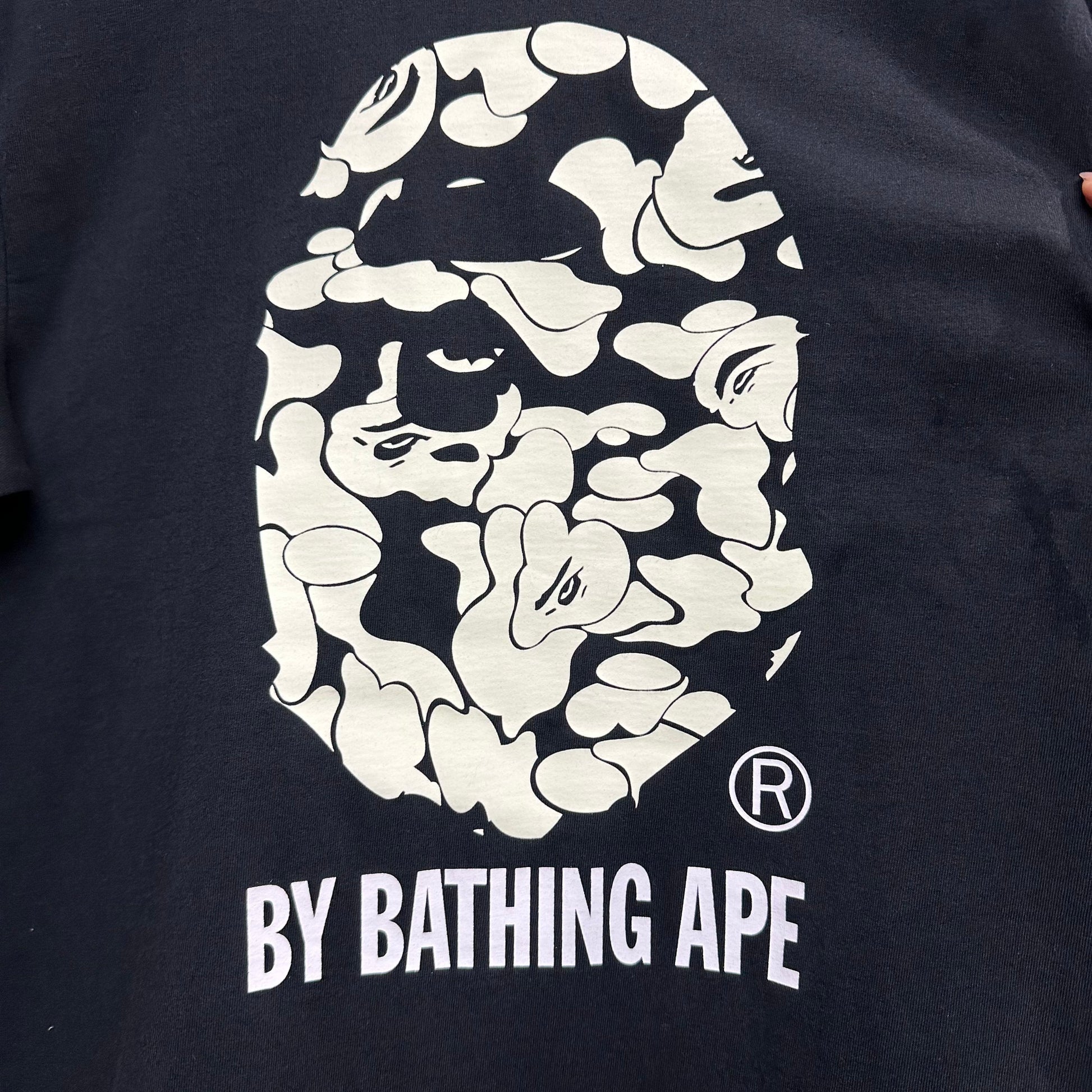 Pale green Sakura camouflage graphic on black streetwear T-shirt