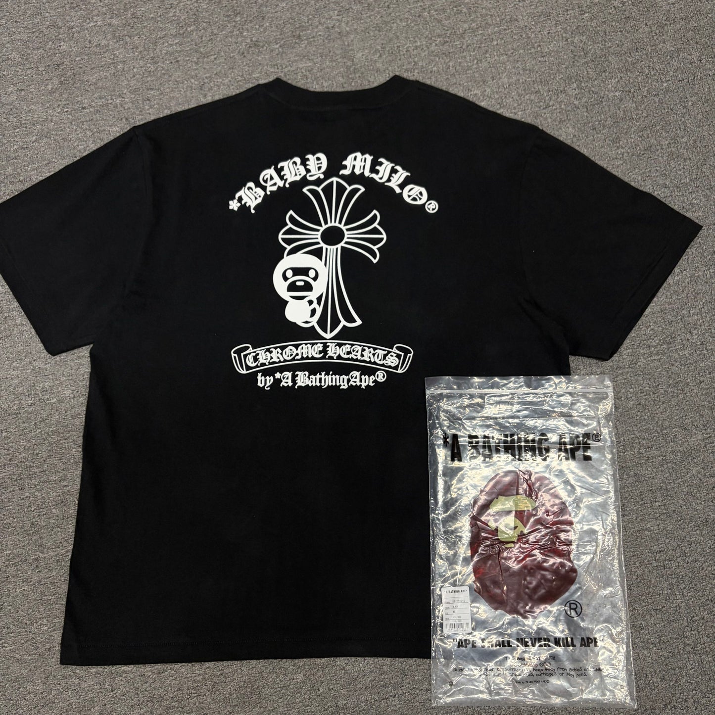 Back view of black BAPE x Chrome Hearts graphic T-shirt