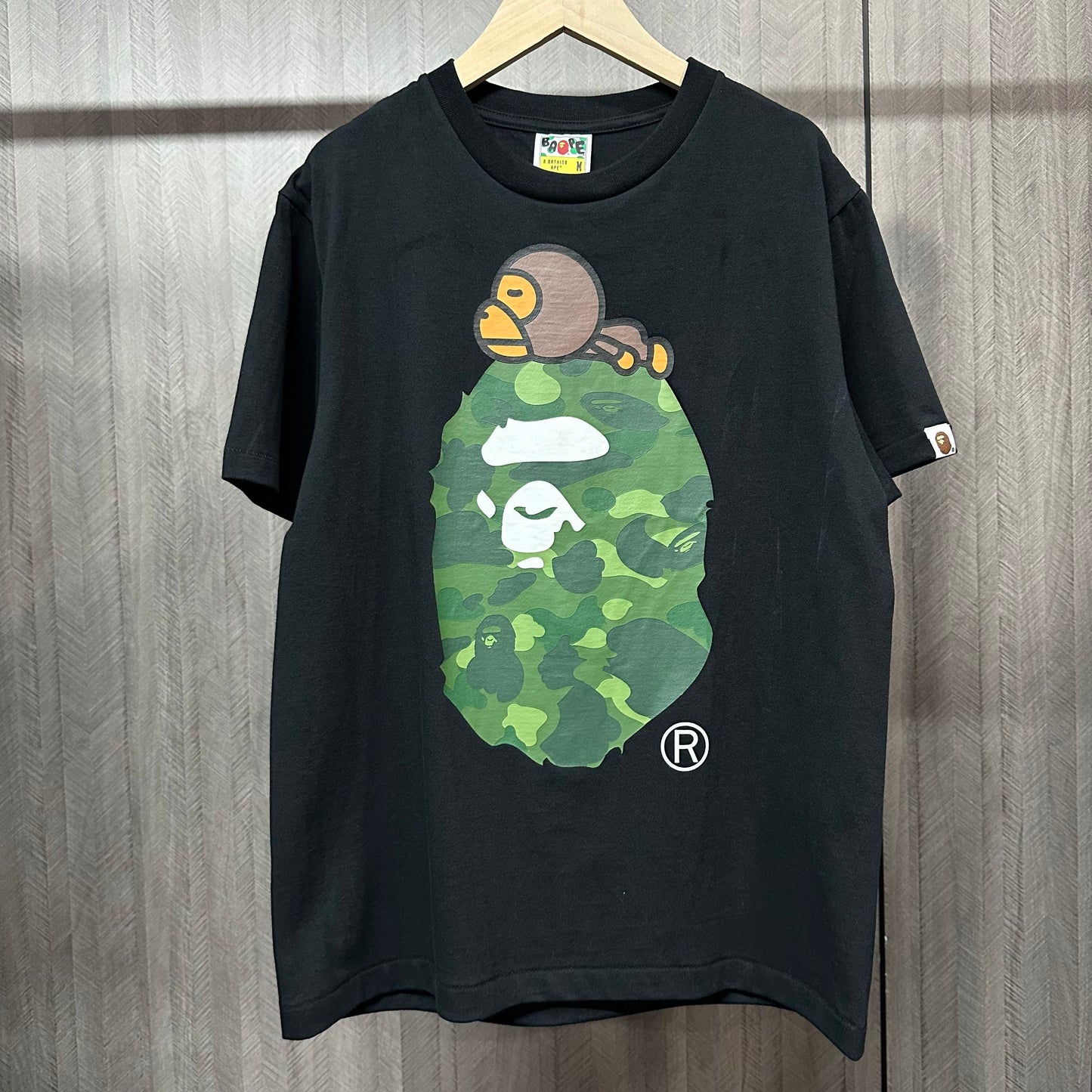 BAPE Black green ABC camo Milo on Big Ape graphic T-shirt front view