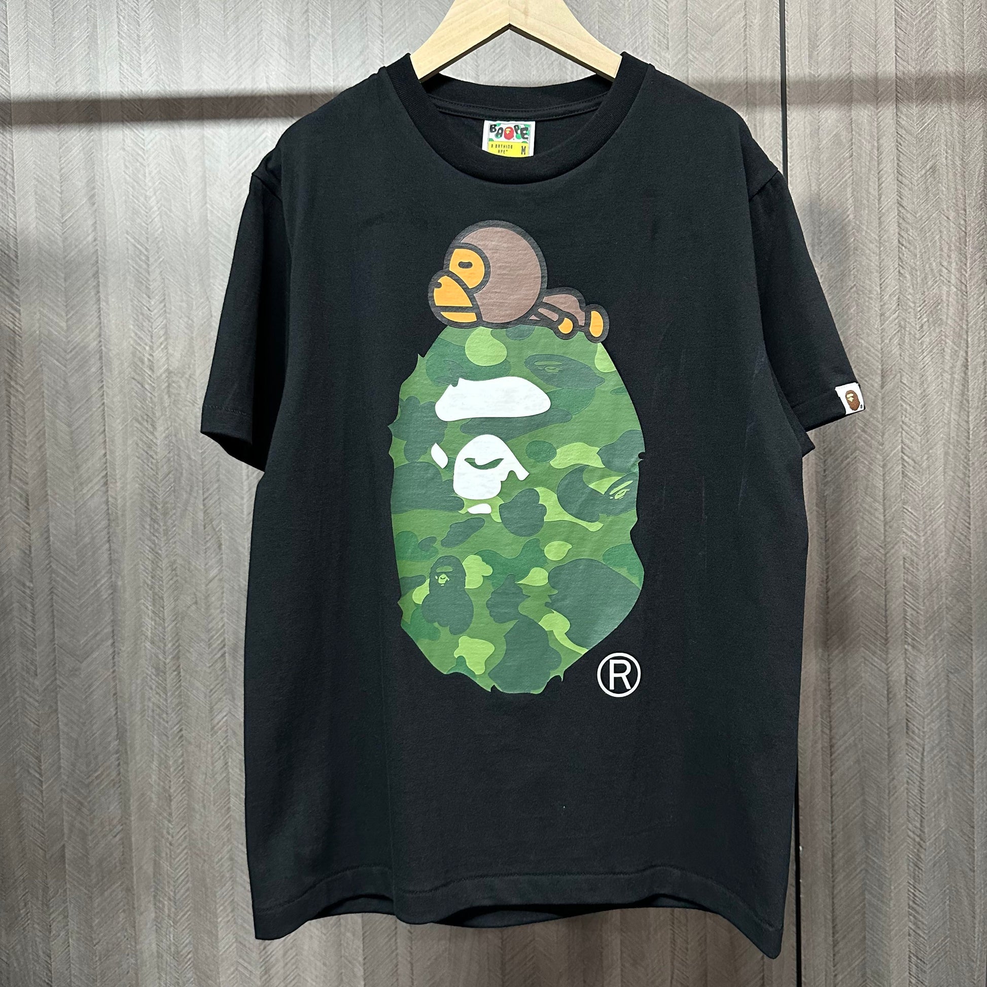 BAPE Black green ABC camo Milo on Big Ape graphic T-shirt front view