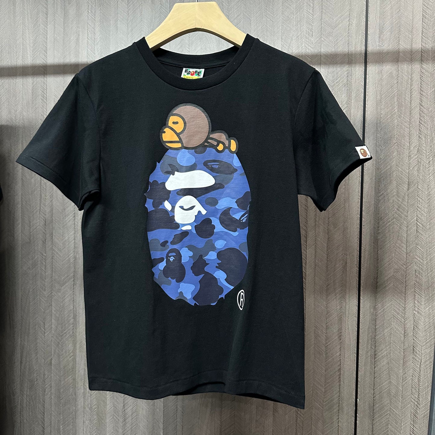 BAPE Black blue camo Milo on Big Ape graphic T-shirt front view