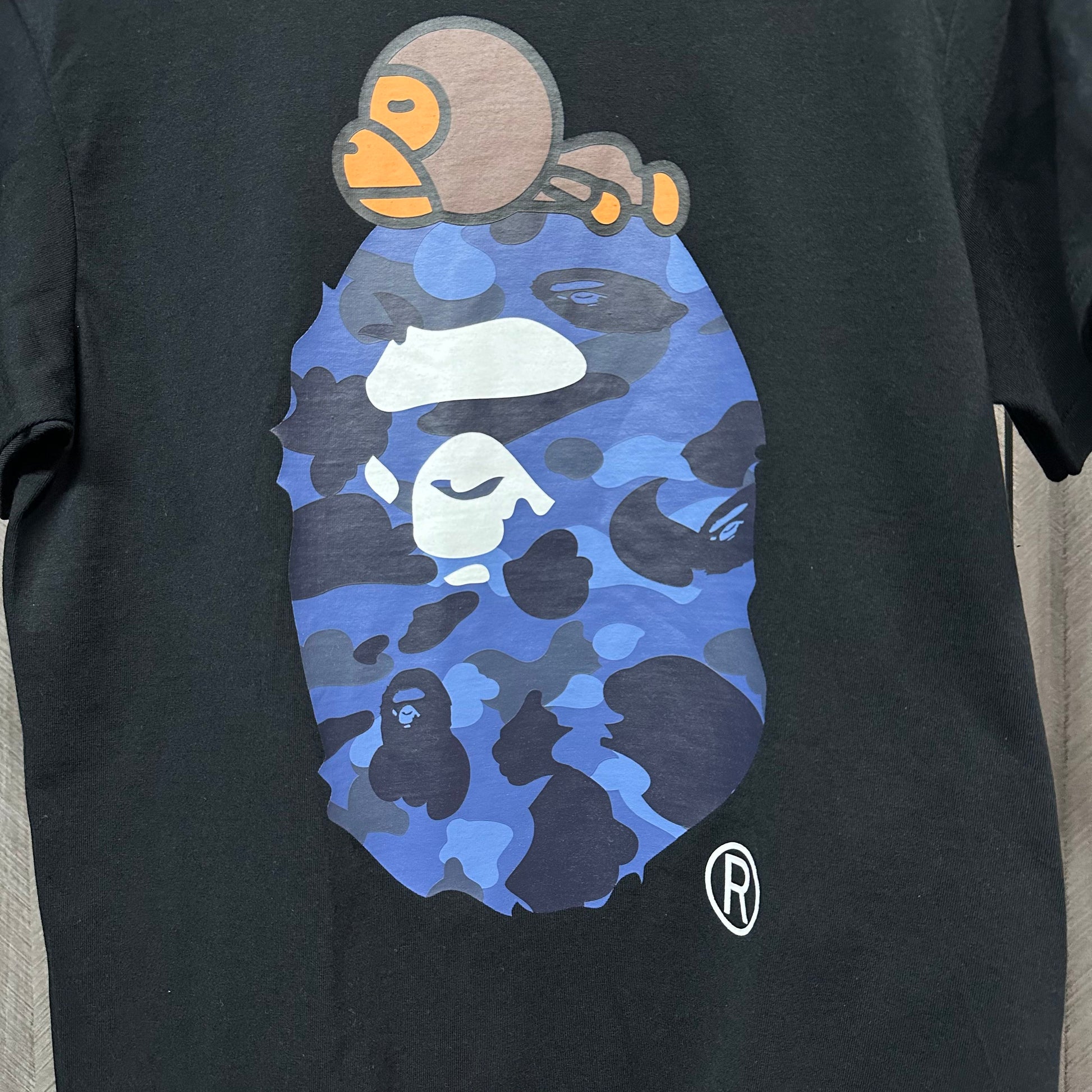 BAPE Blue camouflage Baby Milo and Big Ape front graphic detail