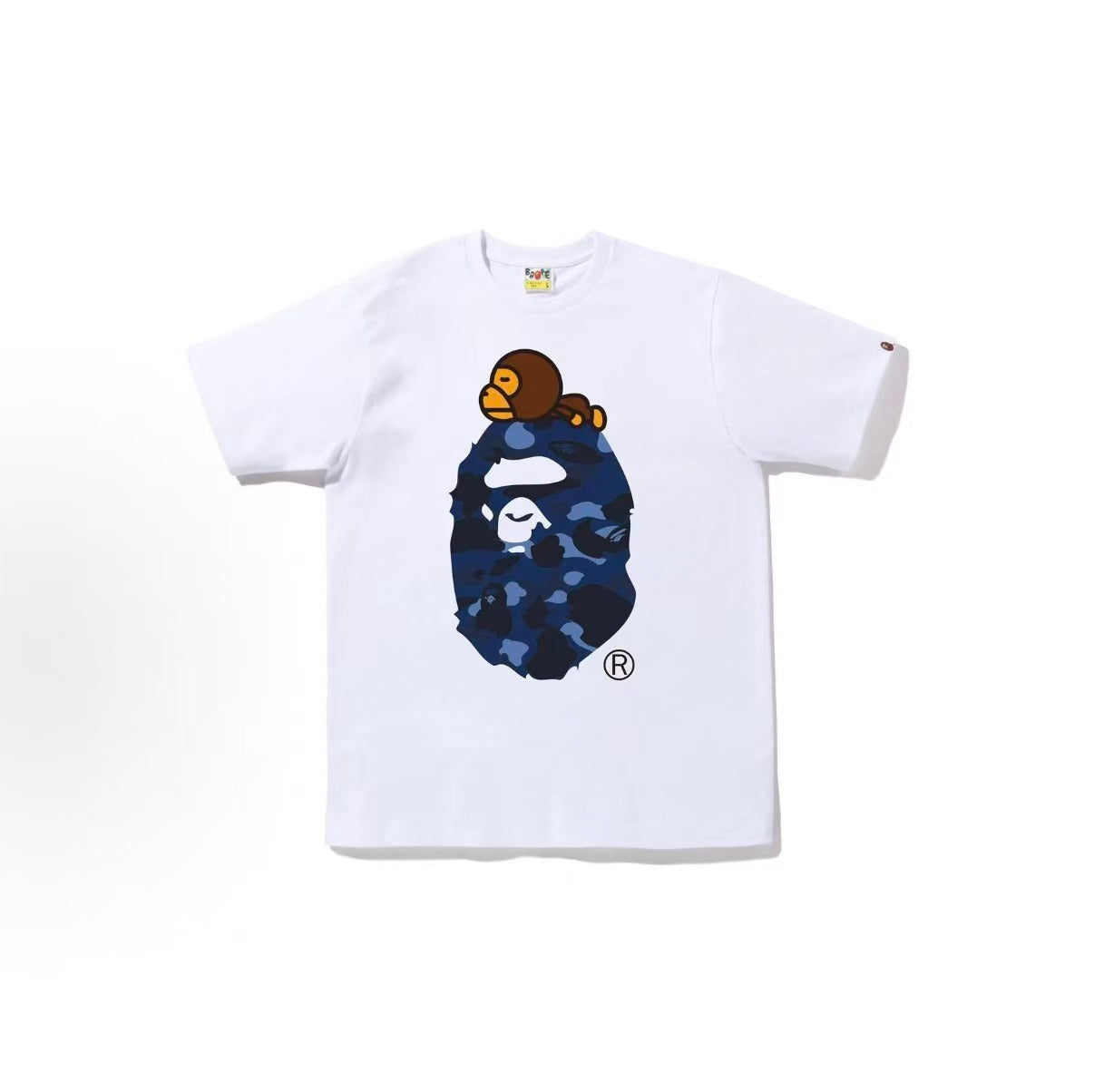 BAPE White blue camo Milo on Big Ape graphic T-shirt front view