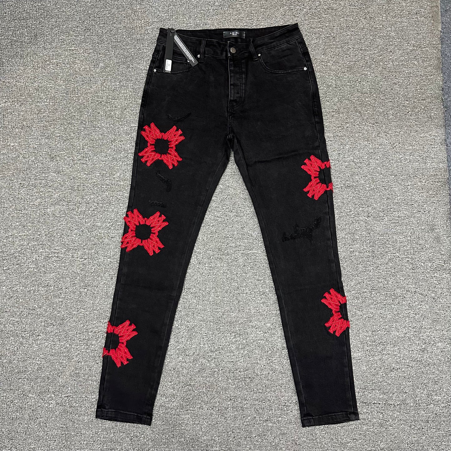 AMIRI MA Quad Appliqué Skinny Jeans Black Red