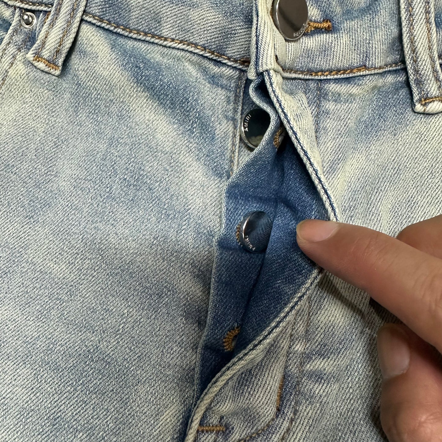 AMIRI Painter Staggered Logo Skinny Jeans Bleach Indigo