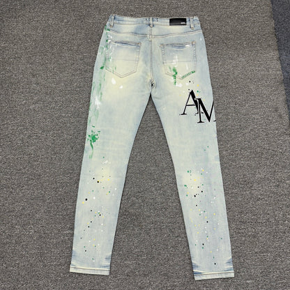 AMIRI Painter Staggered Logo Skinny Jeans Bleach Indigo