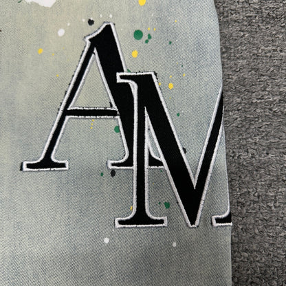 AMIRI Painter Staggered Logo Skinny Jeans Bleach Indigo